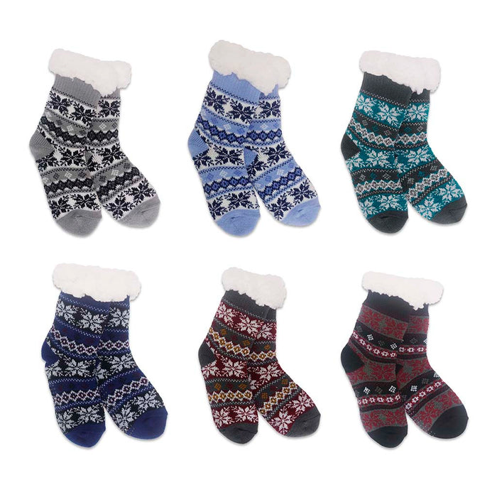 Set of six patterned socks with white cuffs on a white background includes one at random