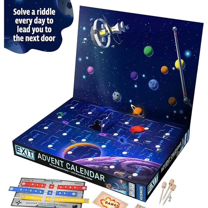 Space-themed EXIT Advent Calendar with puzzle pieces and game components on a white background