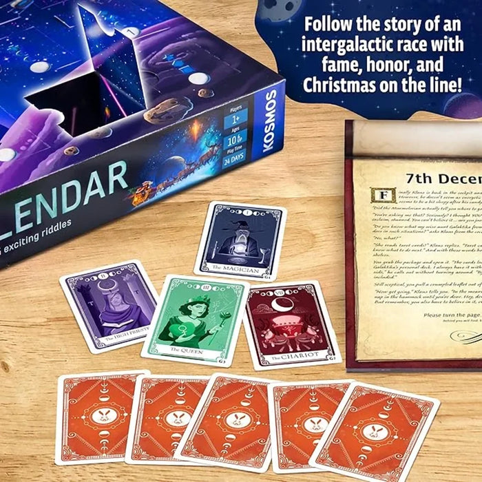 Board game 'EXIT advent calendar ' with cards and packaging on a wooden surface