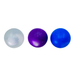 Three colorful balls (gray, purple, blue) on a white background