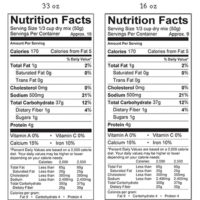 "Stonewall Kitchen pancake and waffle mix nutrition facts label showing serving size, calories, total fat, sodium, carbohydrates, dietary fiber, sugars, protein, vitamins, calcium, and iron for 33 oz and 16 oz containers."