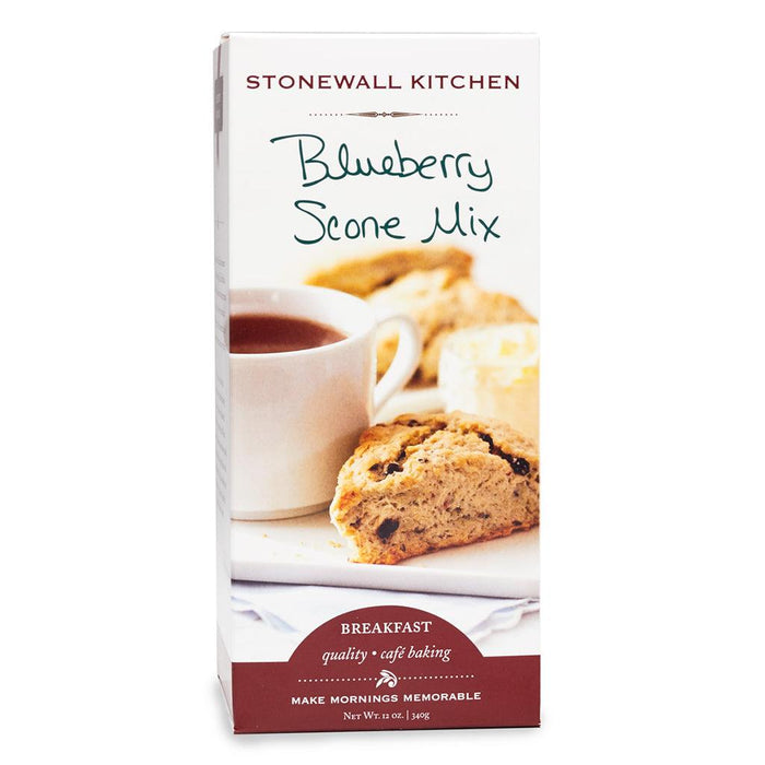 "Stonewall Kitchen Blueberry Scone Mix box with tea and fresh scones"