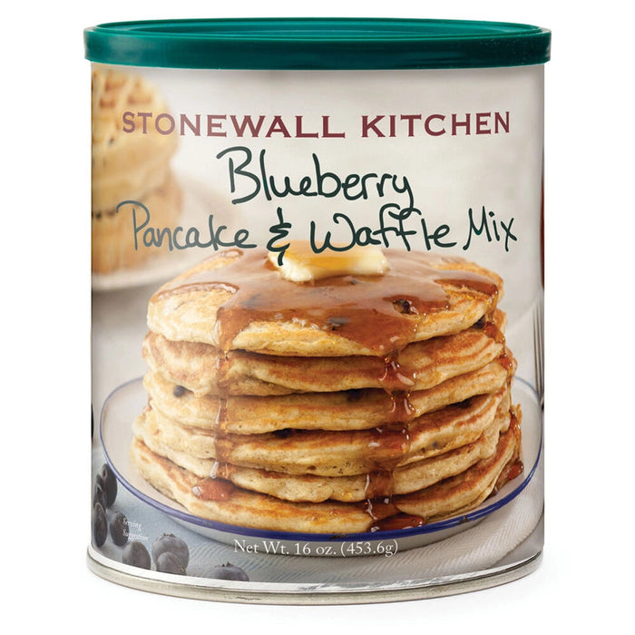 "Can of Stonewall Kitchen Blueberry Pancake & Waffle Mix with a stack of pancakes on the label."