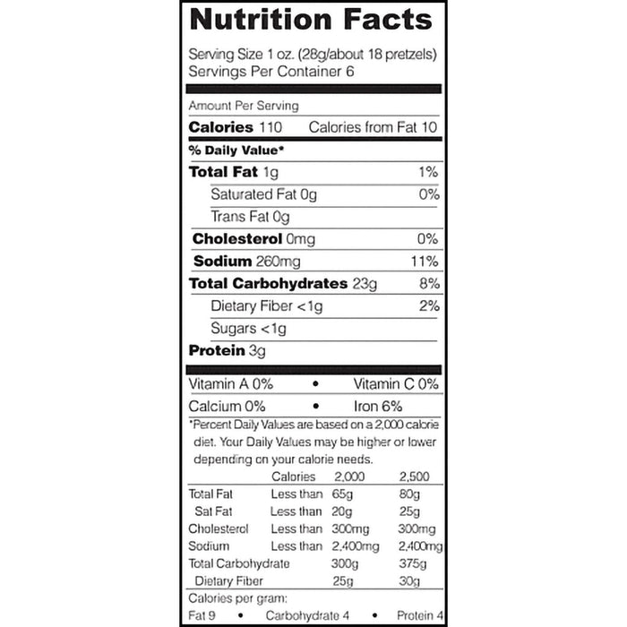 "Stonewall Kitchen pretzel nutrition facts label showing serving size 1 oz (28g/about 18 pretzels), 110 calories, 1g total fat, 260mg sodium, 23g total carbohydrates, less than 1g dietary fiber, less than 1g sugars, and 3g protein per serving."