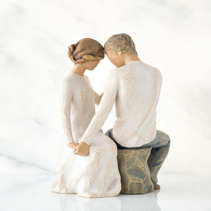 "Willow Tree Around You Figurine – romantic couple seated with foreheads touching, hand-painted resin sculpture by Susan Lordi symbolizing enduring love and connection"
