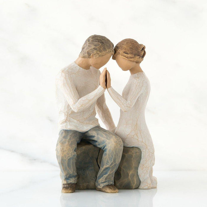 "Willow Tree Around You Figurine – romantic couple seated with foreheads touching, hand-painted resin sculpture by Susan Lordi symbolizing enduring love and connection"