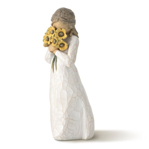 "Willow Tree Warm Embrace Figurine – girl holding yellow sunflower bouquet, hand-painted resin sculpture by Susan Lordi symbolizing warmth and gratitude\""