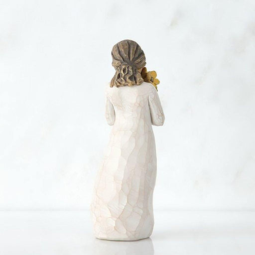 "Willow Tree Warm Embrace Figurine – girl holding yellow sunflower bouquet, hand-painted resin sculpture by Susan Lordi symbolizing warmth and gratitude\""