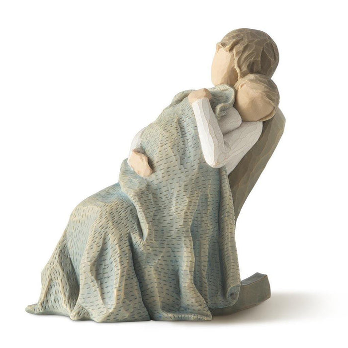 "Willow Tree The Quilt Figurine – mother holding child wrapped in blue textured quilt, hand-carved resin sculpture by Susan Lordi"