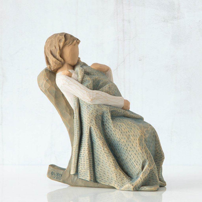 "Willow Tree The Quilt Figurine – mother holding child wrapped in blue textured quilt, hand-carved resin sculpture by Susan Lordi"
