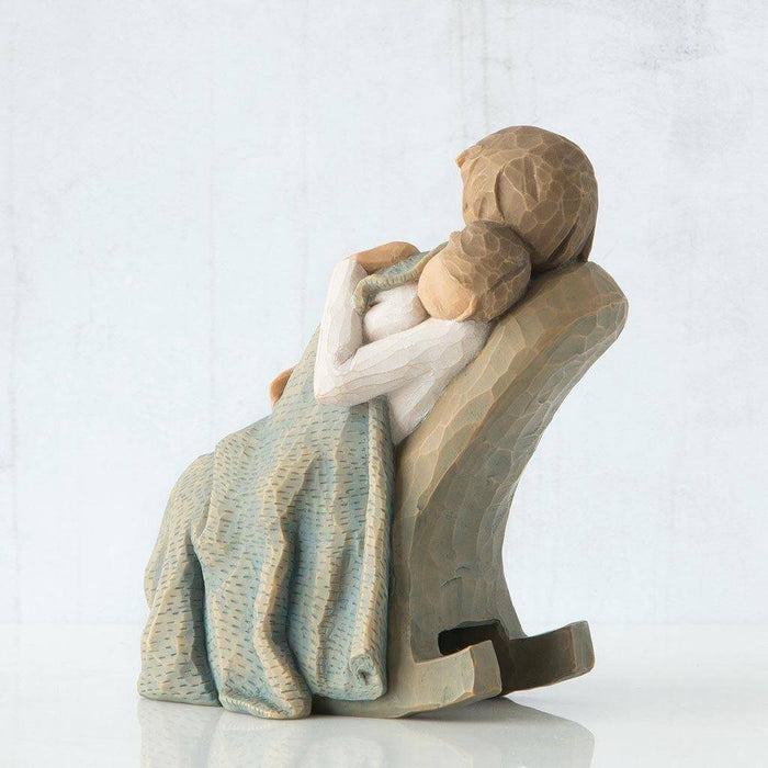 "Willow Tree The Quilt Figurine – mother holding child wrapped in blue textured quilt, hand-carved resin sculpture by Susan Lordi"