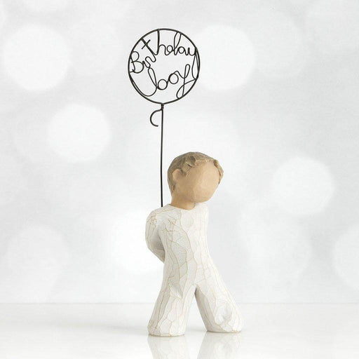 "Willow Tree Birthday Boy figurine of young boy kneeling with wire balloon reading \"Birthday Boy\", perfect birthday gift keepsake."