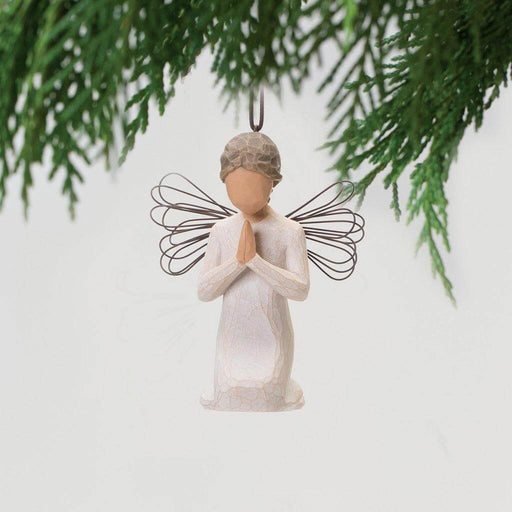 "Willow Tree Angel of Prayer Ornament – Hand-painted kneeling angel with wire wings and praying hands, resin Christmas decoration symbolizing faith and peace"