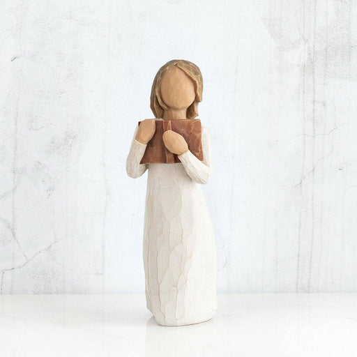 "Willow Tree Love of Learning Figurine – Hand-painted resin sculpture of girl holding open book, symbolizing curiosity, education, and imagination"