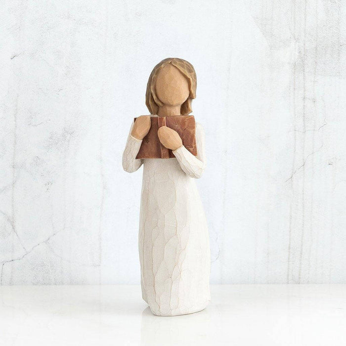 "Willow Tree Love of Learning Figurine – Hand-painted resin sculpture of girl holding open book, symbolizing curiosity, education, and imagination"