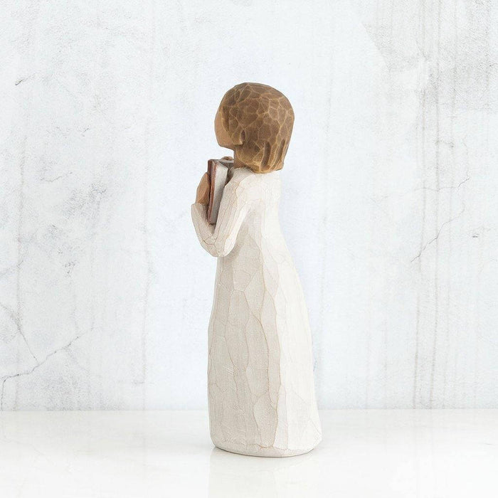 "Willow Tree Love of Learning Figurine – Hand-painted resin sculpture of girl holding open book, symbolizing curiosity, education, and imagination"