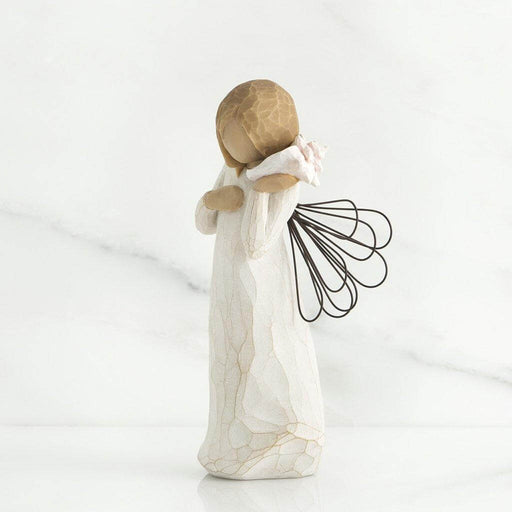 "Willow Tree Thinking of You Figurine – Hand-painted angel with wire wings holding pink seashell, resin sculpture symbolizing remembrance and comfort"