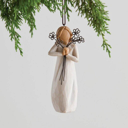 "Willow Tree Friendship Ornament – Hand-painted figure holding wire flowers, resin Christmas decoration symbolizing appreciation and lasting friendship"