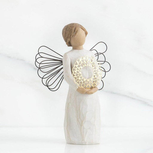 "Willow Tree Sweetheart Figurine – Hand-painted angel with wire wings holding golden heart wreath, resin sculpture symbolizing love and affection"
