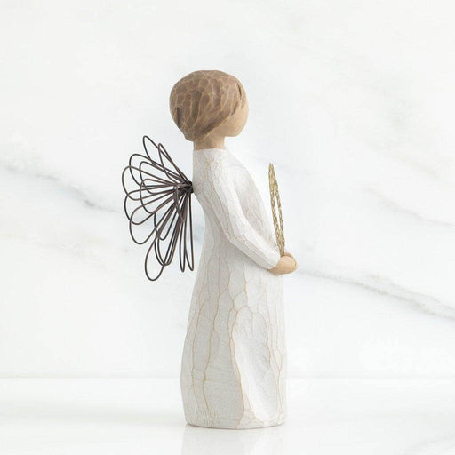 "Willow Tree Sweetheart Figurine – Hand-painted angel with wire wings holding golden heart wreath, resin sculpture symbolizing love and affection"
