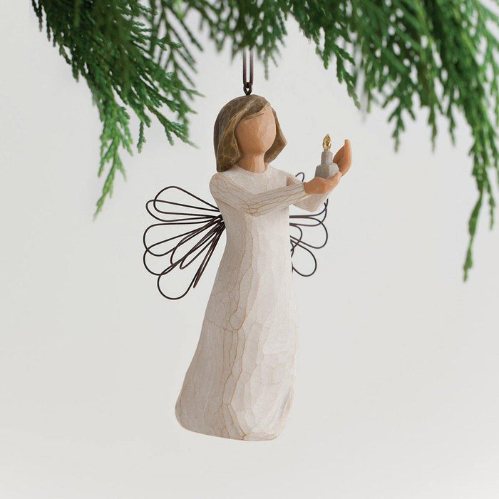 "Willow Tree Angel of Hope Ornament – Hand-painted angel holding candle with golden flame, wire wings, symbolic Christmas tree decoration"