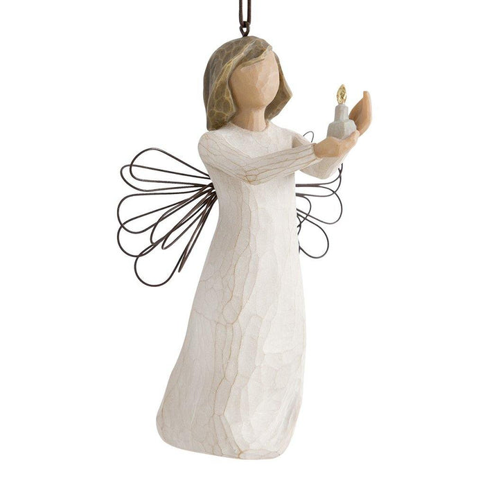 "Willow Tree Angel of Hope Ornament – Hand-painted angel holding candle with golden flame, wire wings, symbolic Christmas tree decoration"
