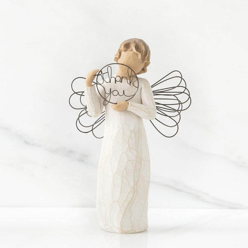 "Willow Tree Just for You Figurine – Hand-painted angel holding wire thank you sign, resin sculpture expressing gratitude and appreciation"
