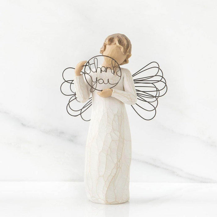 "Willow Tree Just for You Figurine – Hand-painted angel holding wire thank you sign, resin sculpture expressing gratitude and appreciation"