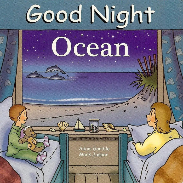 Illustrated book cover of 'Good Night Ocean' with two children looking out a window at a beach scene.