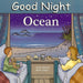 Illustrated book cover of 'Good Night Ocean' with two children looking out a window at a beach scene.