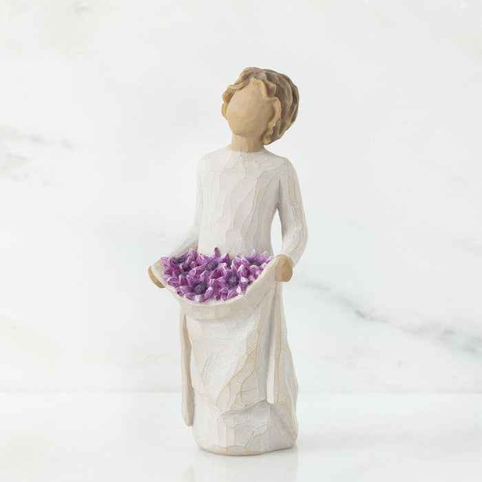 "Willow Tree Simple Joys Figurine – Woman holding purple flowers in skirt, hand-painted resin sculpture symbolizing gratitude and everyday joy"
