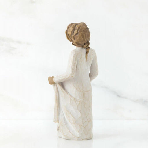 "Willow Tree Simple Joys Figurine – Woman holding purple flowers in skirt, hand-painted resin sculpture symbolizing gratitude and everyday joy"