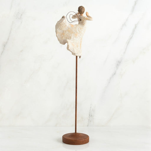 "Willow Tree Song of Joy Figurine – Hand-painted angel with wire wings in dancing pose on metal stand, expressive holiday decoration"