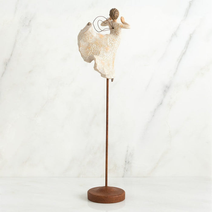 "Willow Tree Song of Joy Figurine – Hand-painted angel with wire wings in dancing pose on metal stand, expressive holiday decoration"