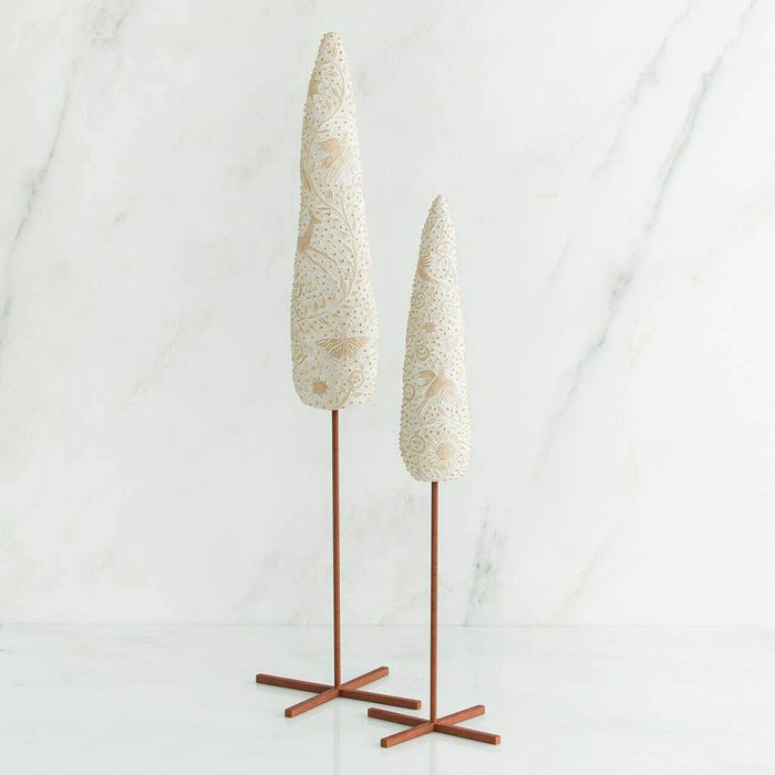 "Willow Tree Cypress Trees – Set of two hand-carved resin holiday trees with bird and star designs on metal stands, Christmas or nativity décor"