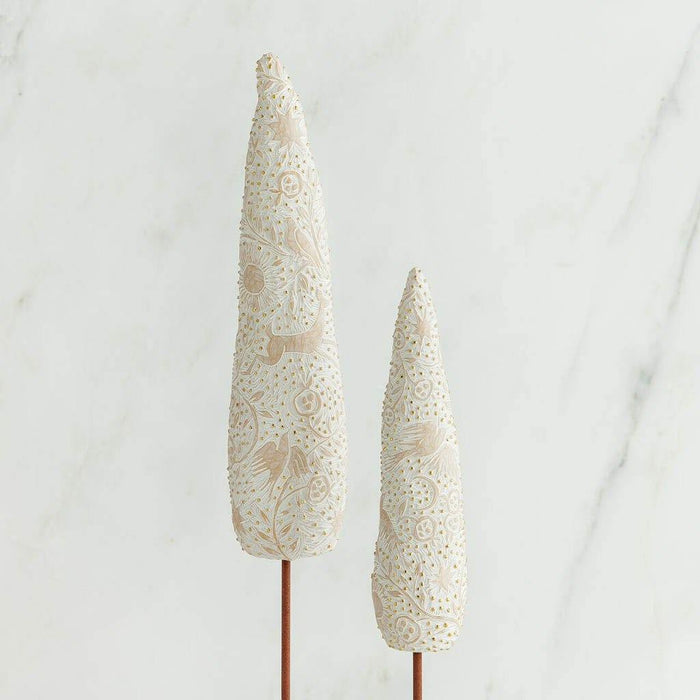 "Willow Tree Cypress Trees – Set of two hand-carved resin holiday trees with bird and star designs on metal stands, Christmas or nativity décor"