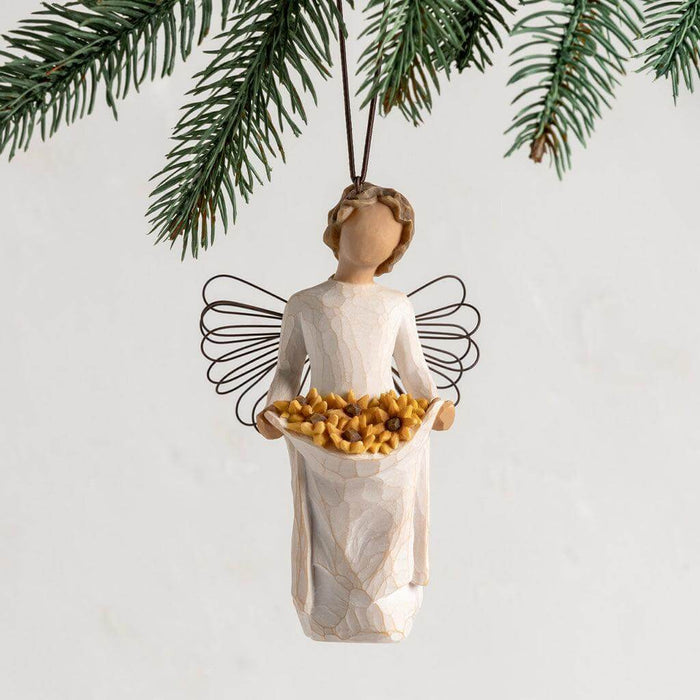 "Willow Tree Sunshine Ornament – Hand-painted angel figurine with wire wings holding sunflowers, hanging Christmas decoration"
