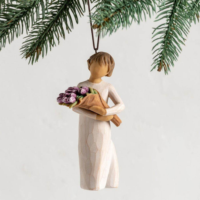 "Willow Tree Surprise Ornament – Hand-painted figurine holding purple tulip bouquet, hanging Christmas tree decoration"