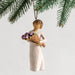 "Willow Tree Surprise Ornament – Hand-painted figurine holding purple tulip bouquet, hanging Christmas tree decoration"