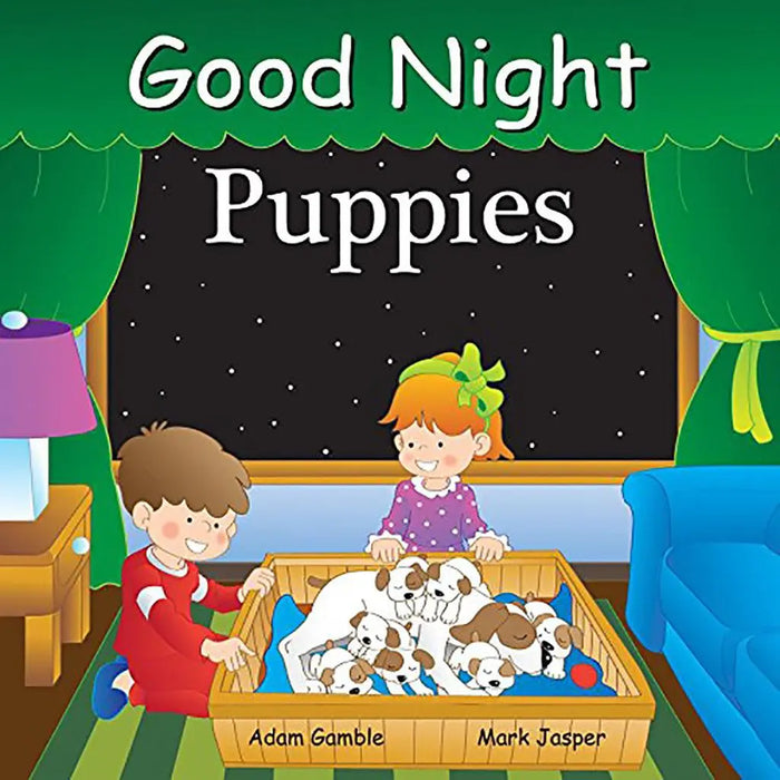 Book cover of 'Good Night Puppies' with two children and puppies in a room.