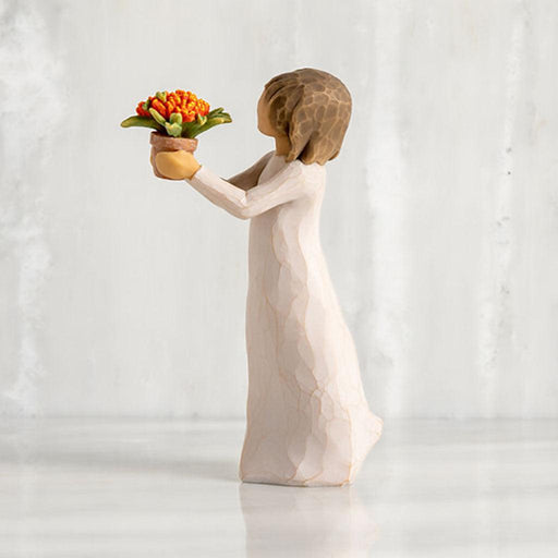 "Willow Tree Little Things figurine of a girl holding a potted flower, symbolizing gratitude and appreciation"