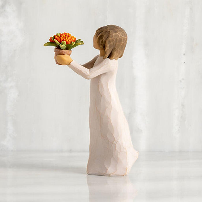 "Willow Tree Little Things figurine of a girl holding a potted flower, symbolizing gratitude and appreciation"