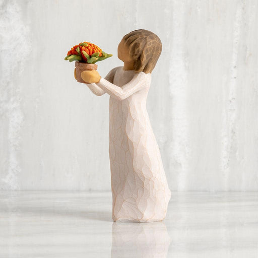 "Willow Tree Little Things figurine of a girl holding a potted flower, symbolizing gratitude and appreciation"