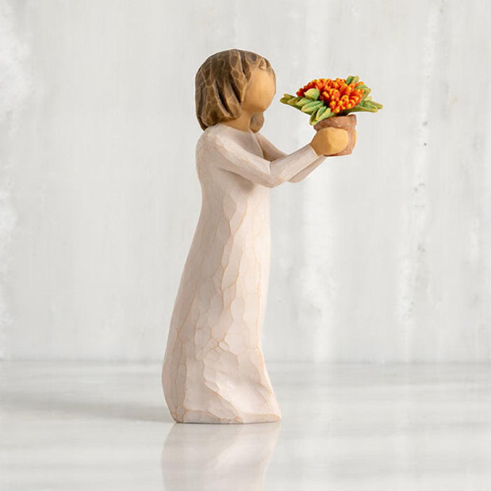 "Willow Tree Little Things figurine of a girl holding a potted flower, symbolizing gratitude and appreciation"
