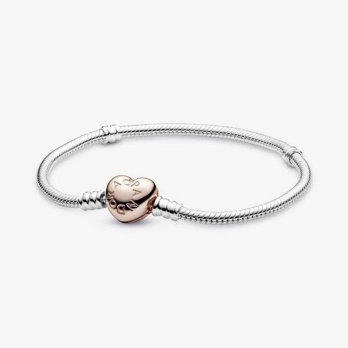 "PANDORA : Pandora Moments Heart Clasp Snake Chain Bracelet in Sterling Silver & Rose Gold -"
