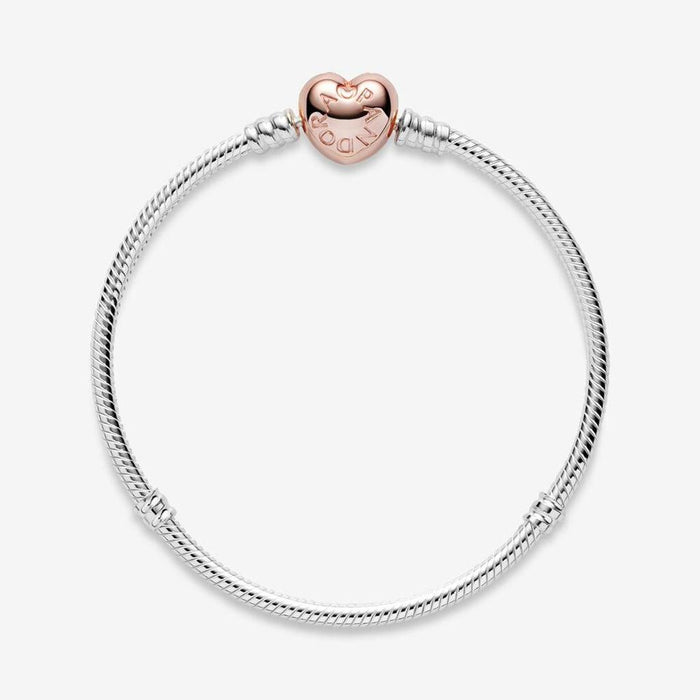 "PANDORA : Pandora Moments Heart Clasp Snake Chain Bracelet in Sterling Silver & Rose Gold -"
