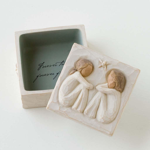 "Willow Tree Friendship Keepsake Box with seated figures and “Forever true, forever friends” message inside"