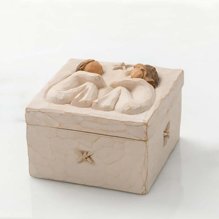 "Willow Tree Friendship Keepsake Box with seated figures and “Forever true, forever friends” message inside"