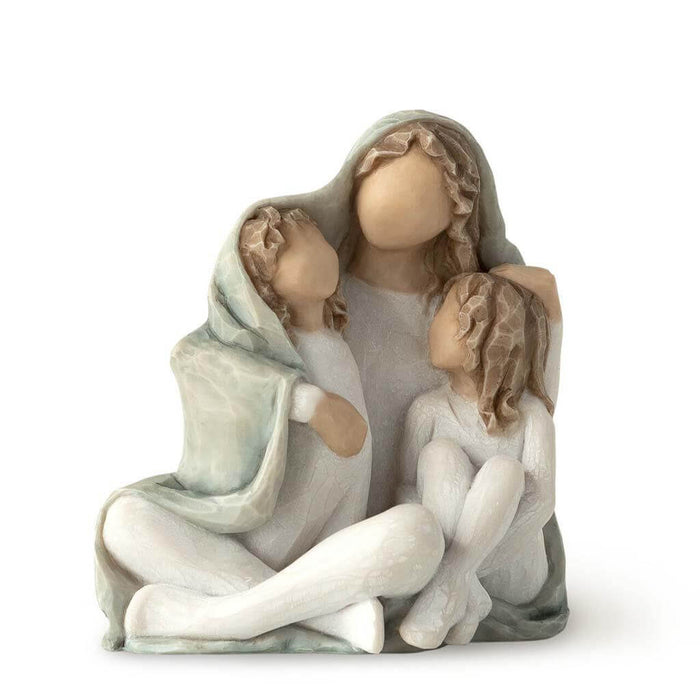 "Willow Tree Cozy Figurine of mother and daughters together, hand-painted resin sculpture by Susan Lordi"