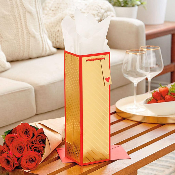 "Hallmark : 13\" Gold Stripes and Red Border Wine Bottle Gift Bag -"